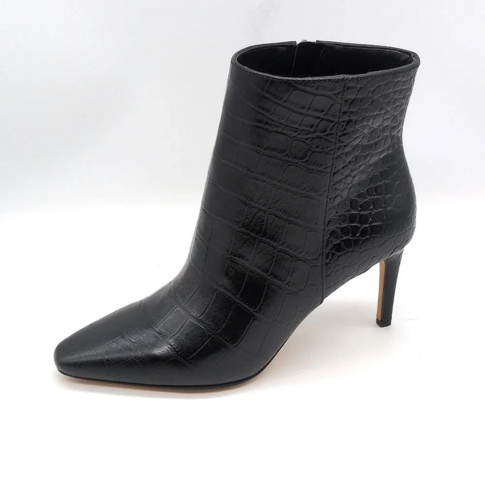 Vince Camuto Shoes Womens Allost Black Croc 7.5 Ankle Boot Stiletto Zip Chic NEW